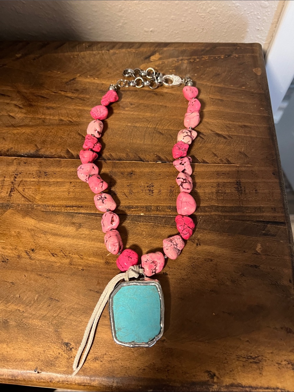Handmade Pink Howlite Beaded Necklace with Turquoise Pendant